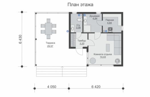 Баня с большой террасой и панорамным остеклением